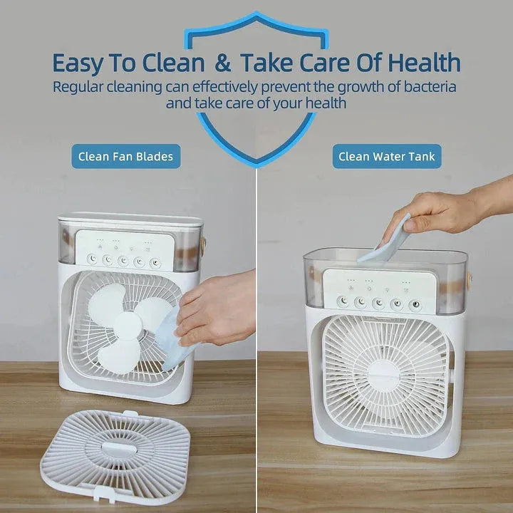 Mini air cooler fan easy cleaning: removable fan grill and water tank