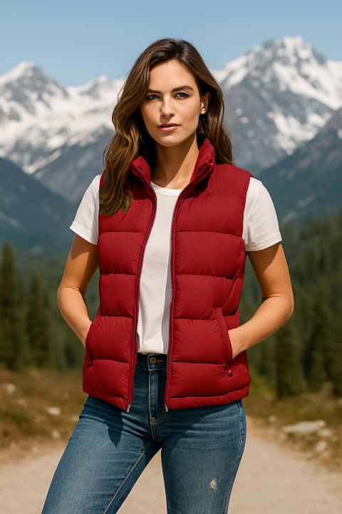 Women's sleeveless puffer vest — maroon quilted winter gilet with stand collar