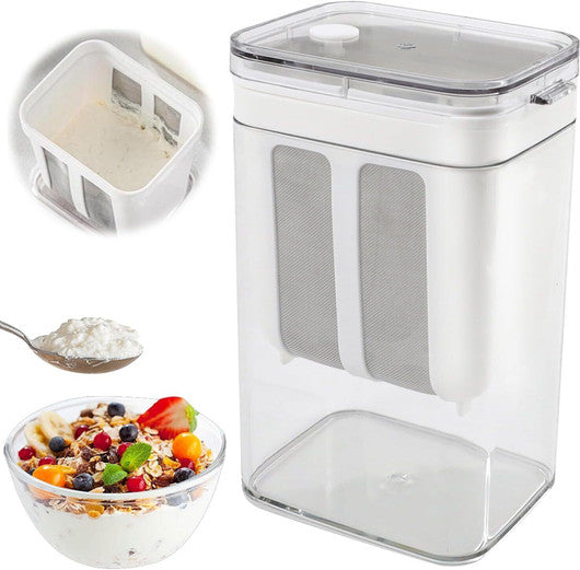 Yogurt strainer container with thick homemade Greek yogurt and fruit bowl