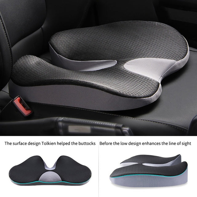 Memory foam seat cushion with coccyx cutout on car seat