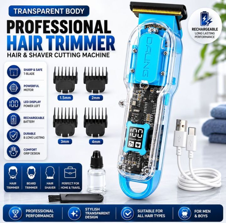 Blue transparent-body professional hair trimmer with sharp T-blade, LED power display, guide combs and USB charging cable