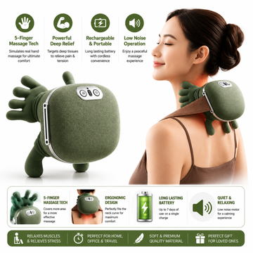 Shiatsu Shoulder Massage Pillow - green wearable neck and shoulder massager with 5-finger bionic massage arms, heat function and front display panel