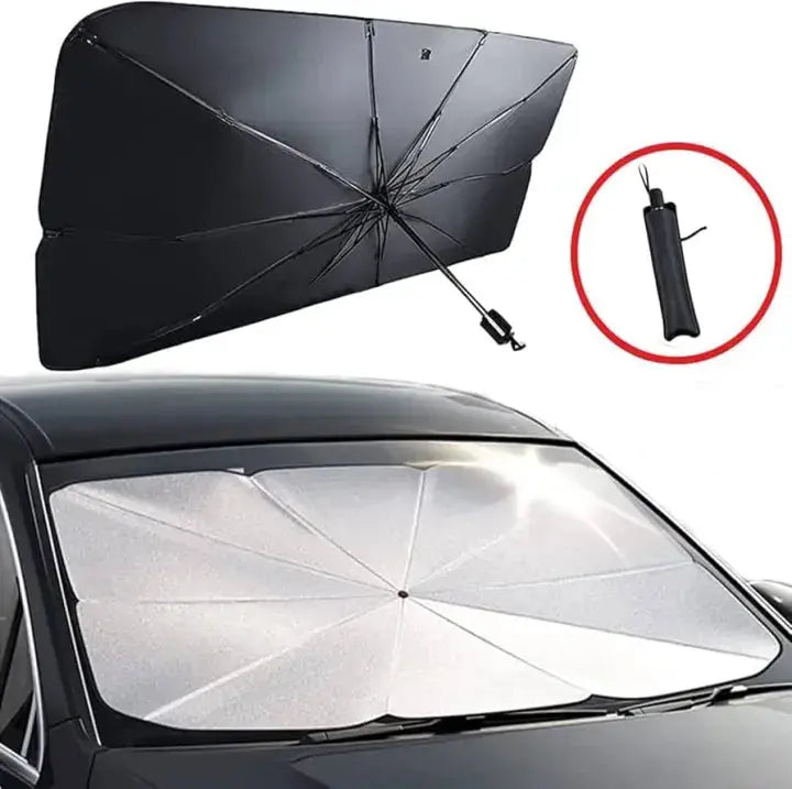 UV-reflecting car sun shade folded into its carry pouch