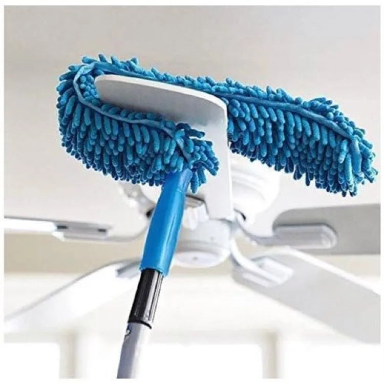 Blue microfiber fan duster curved over a white ceiling fan blade