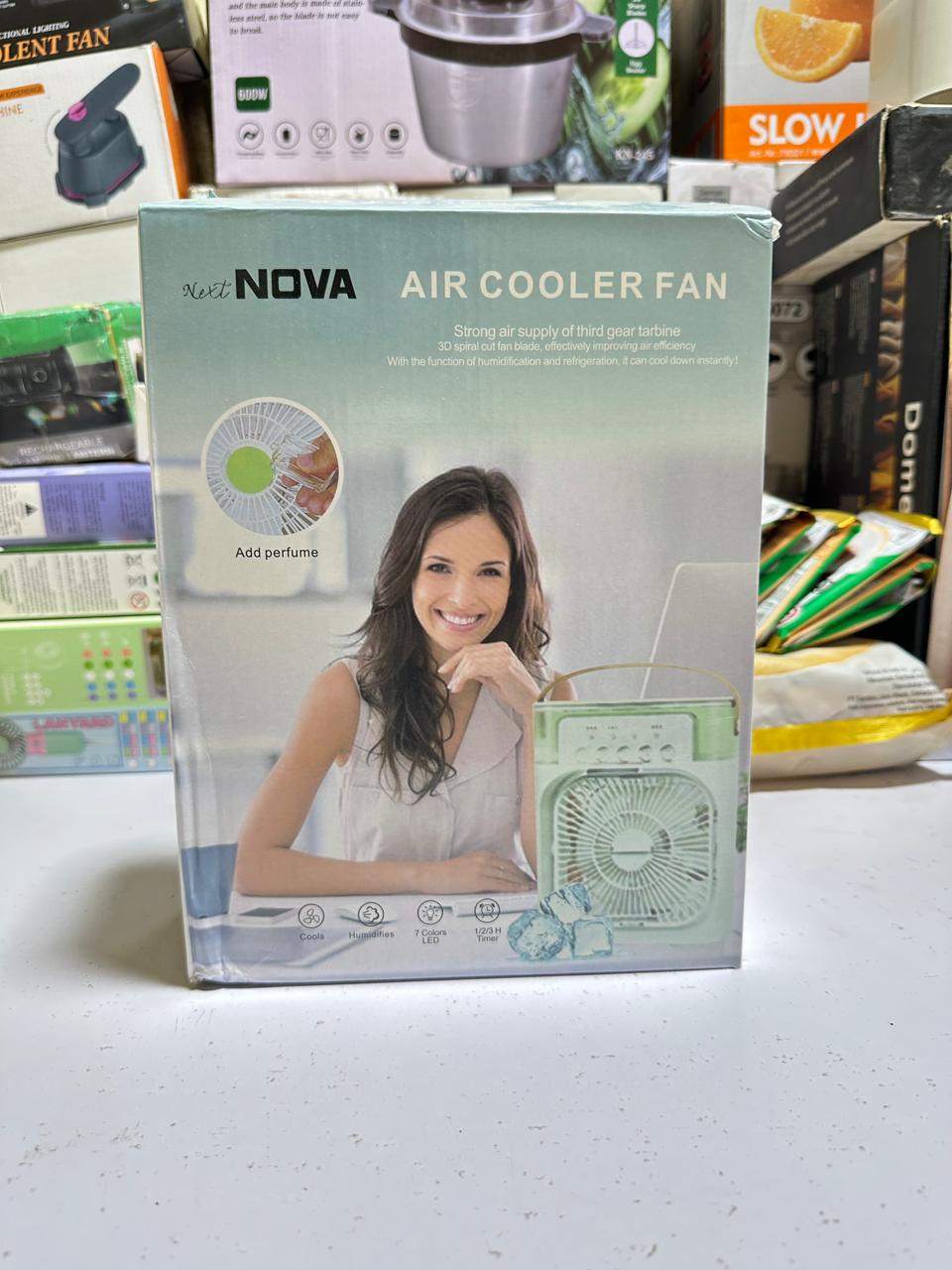 Next NOVA air cooler fan retail box with cools, humidifies, 7 colors LED and timer icons