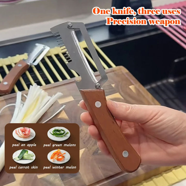 3-in-1 peeler on a chopping board — peels apples, green melons, carrots and winter melon with ease