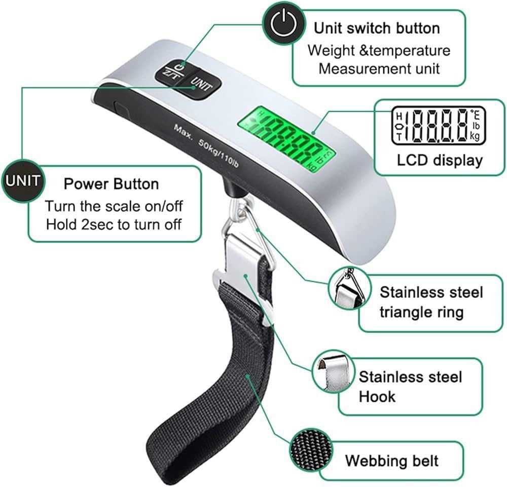 Digital luggage scale weighing a suitcase with belt strap and steel hook