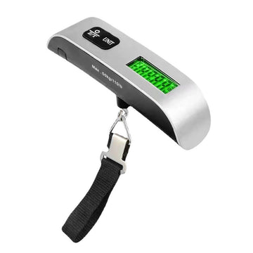 Digital luggage scale with silver curved-bar body and green-backlit LCD