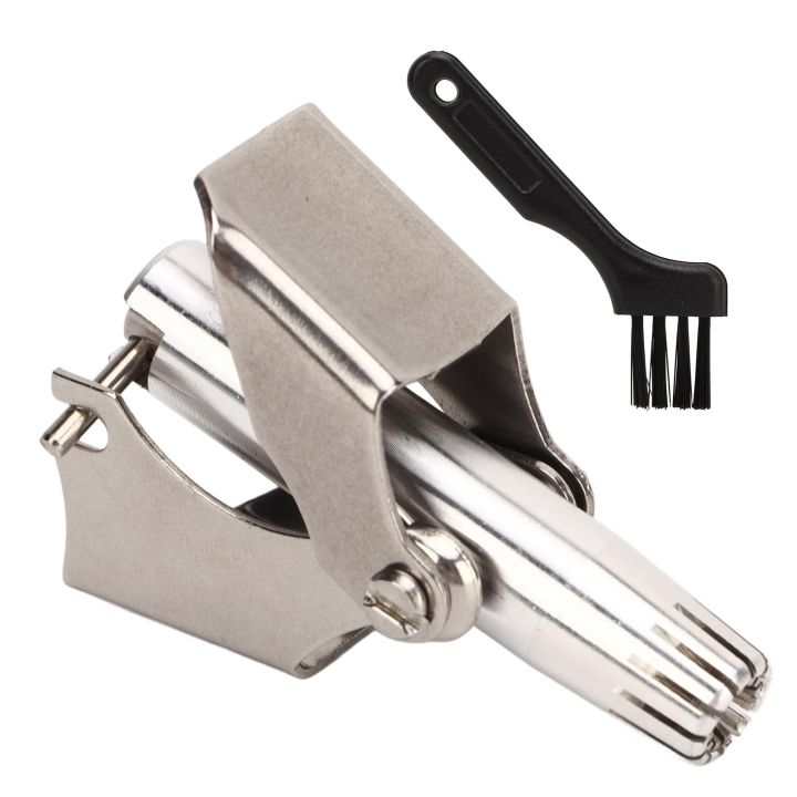 Stainless steel manual nose trimmer with included cleaning brush — fully washable design
