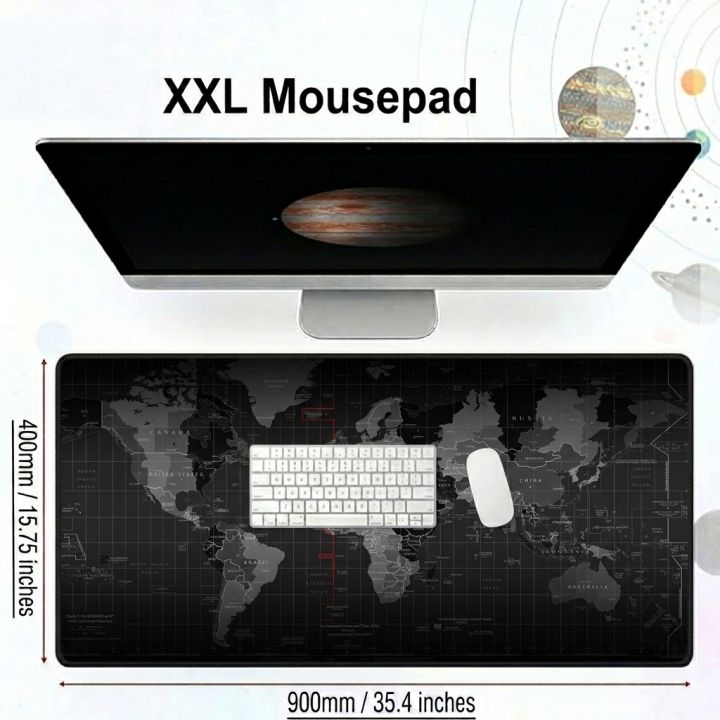 XXL mousepad size guide showing 900mm by 400mm dimensions fitting a keyboard and mouse on the world-map desk mat