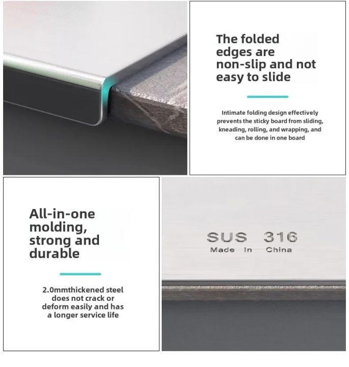 Folded edge non-slip design and SUS 316 etching detail on titanium cutting board