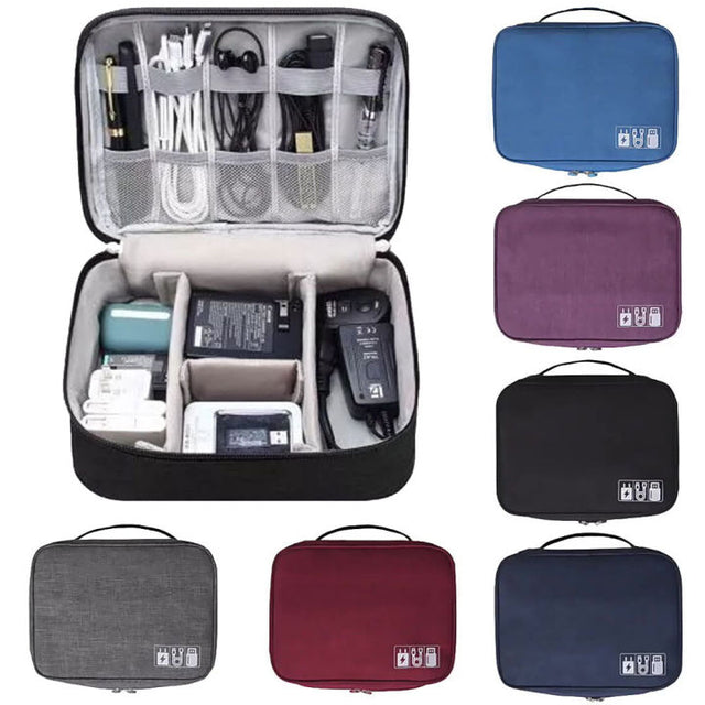 Travel cable organizer pouch opened flat showing mesh lid pockets and padded velcro dividers with chargers and power banks, six colour options shown