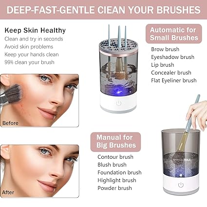 Clean makeup brushes stored in the electric brush cleaner cup