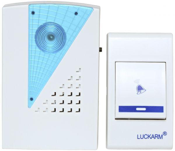 Luckarm triangle chime receiver with blue triangle panel and matching push-button transmitter