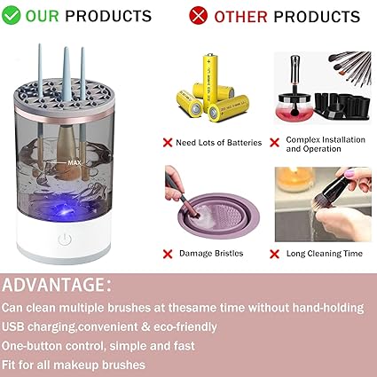 Automatic makeup brush cleaner with gold top rim and power button