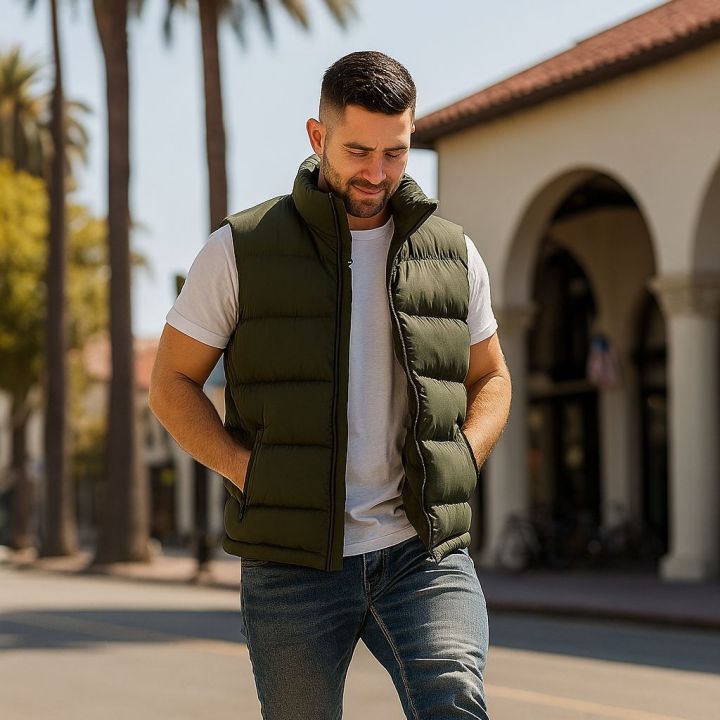 Sleeveless puffer jacket gilet — olive quilted vest for winter layering