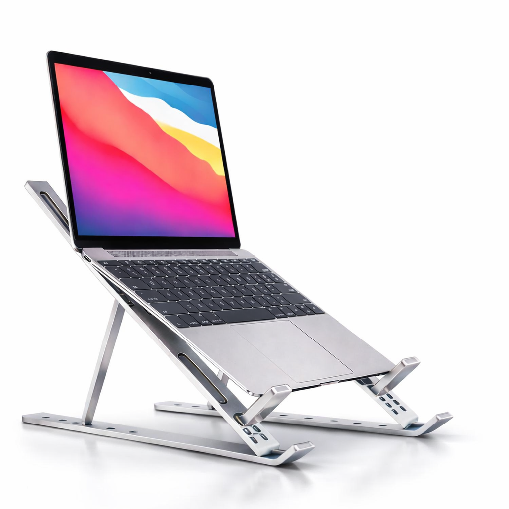 Aluminum laptop stand with diagonal notched height-adjustment arm, side view