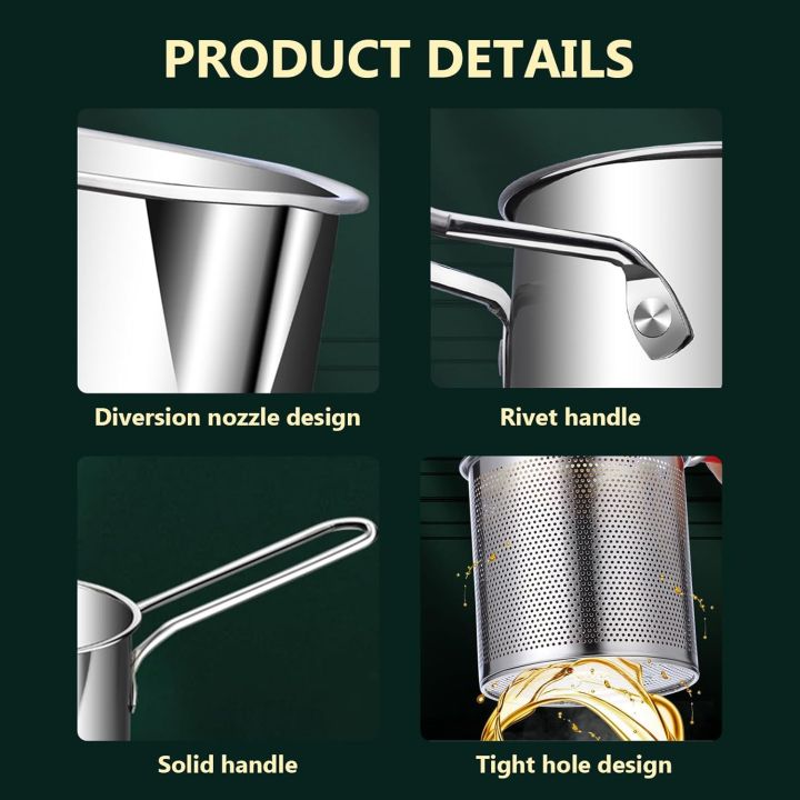 Product details — pour spout, riveted handle and tight-hole strainer basket of the deep fryer pot