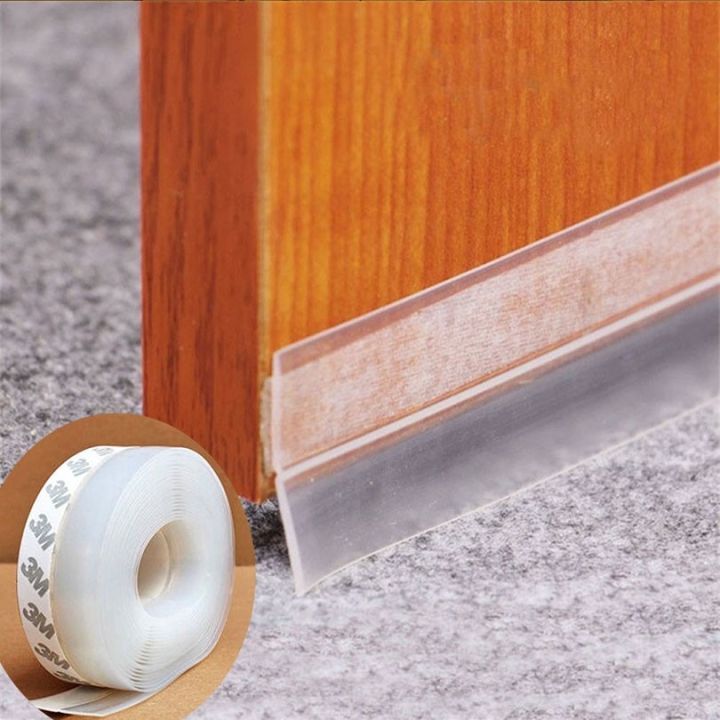 Transparent silicone seal tape on a door bottom blocking drafts — windproof and soundproof door sweep with 3M adhesive roll shown