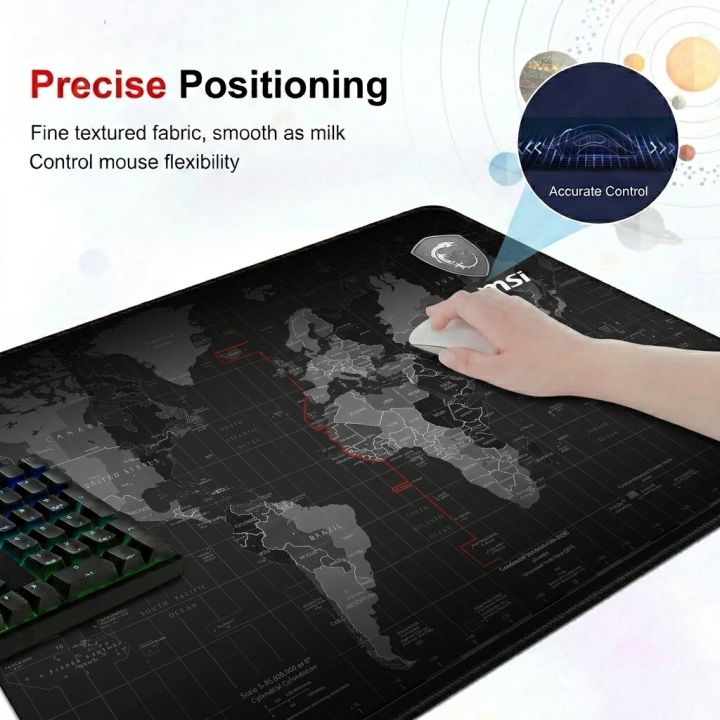 Close-up of hand using a mouse on the smooth world-map desk pad surface showing precise positioning control