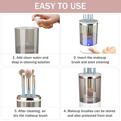 Makeup brushes drying upright in the transparent cleaner cup