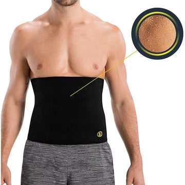 Man wearing black neoprene sweat waist trimmer belt on midsection, sweat-effect close-up inset