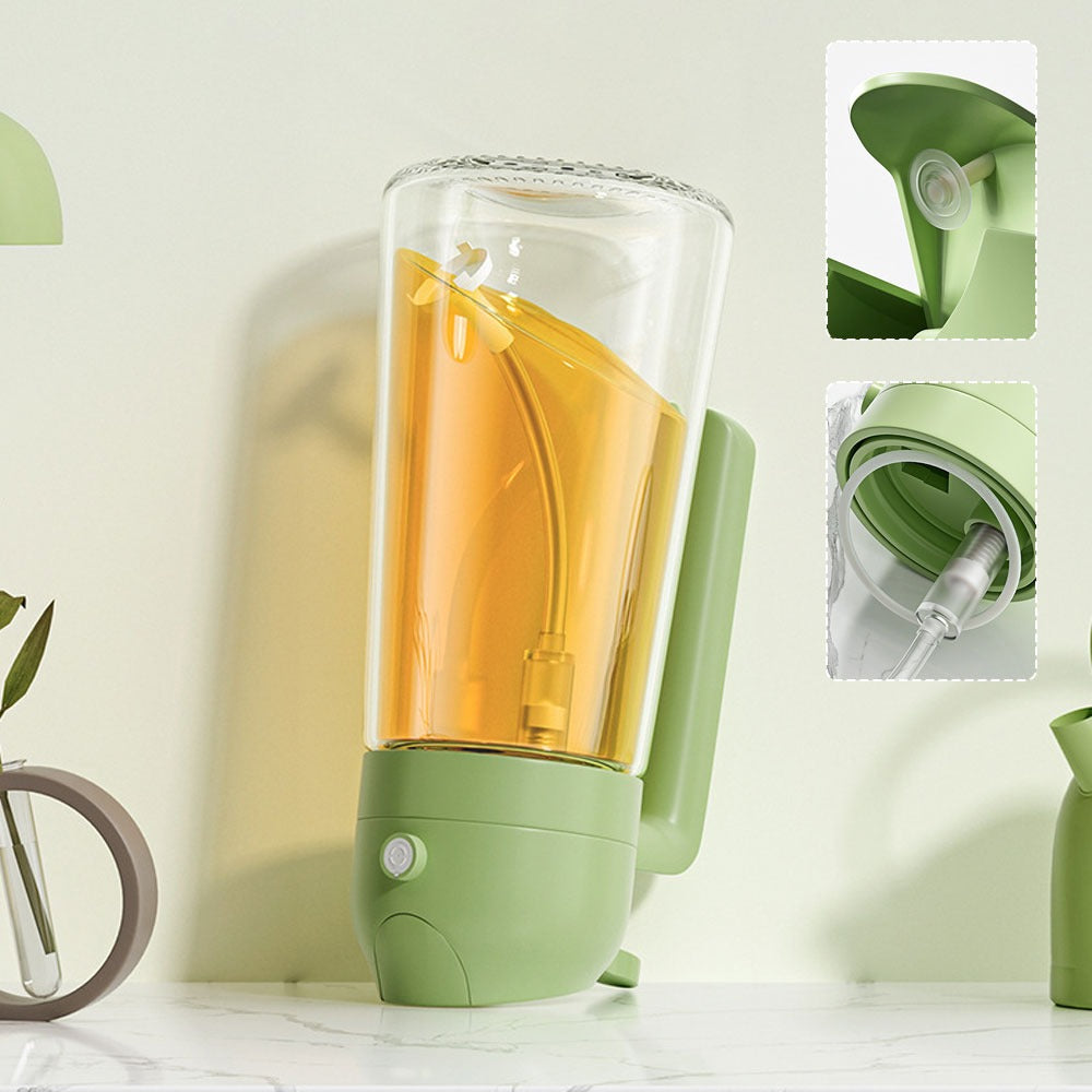 Olive oil sprayer bottle with close-ups of the spray nozzle and pour spout