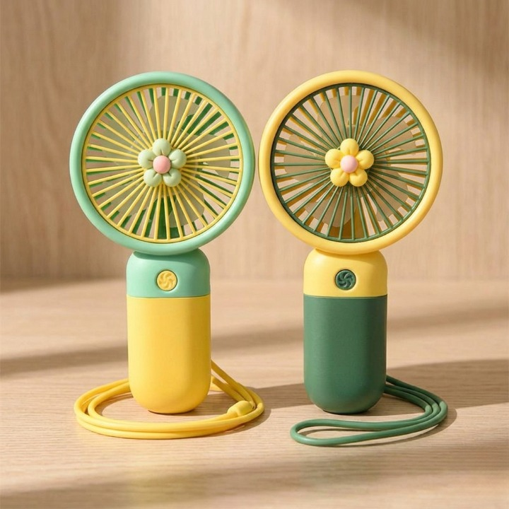 Portable mini desk fan in hand showing compact size