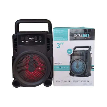 GTS-1360 mini Bluetooth speaker with red RGB-lit front driver, next to its retail box