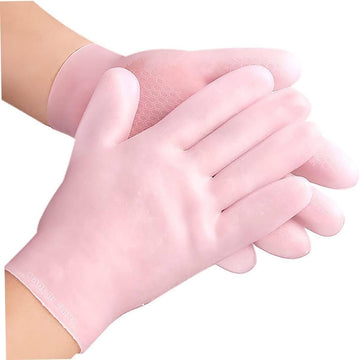 Pink translucent silicone spa gel moisturizing gloves for dry cracked hands - full-finger pair with gel lining