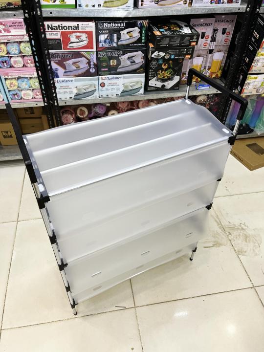 Close-up of the shoe rack's semi-transparent dustproof cover and steel frame