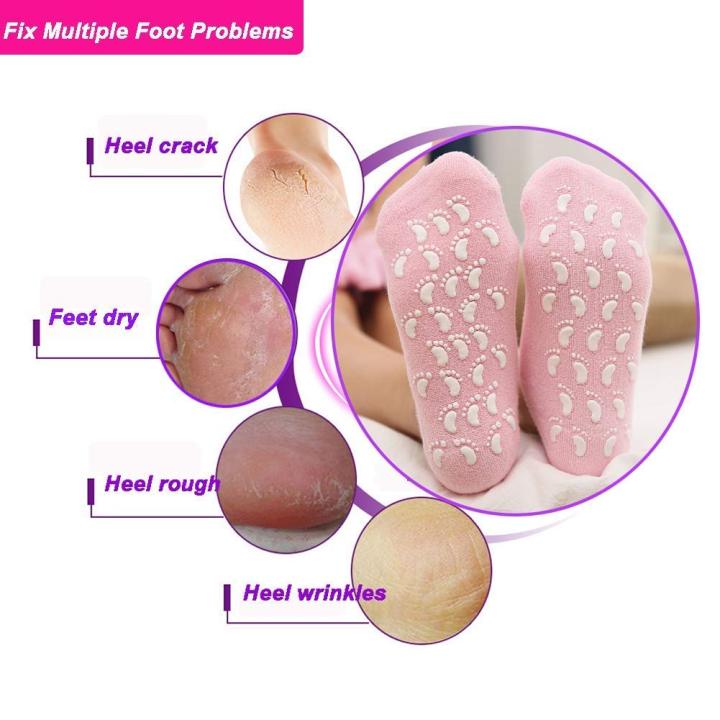 Pink silicone gel spa socks benefits — fixes heel cracks, dry feet, rough and wrinkled heels