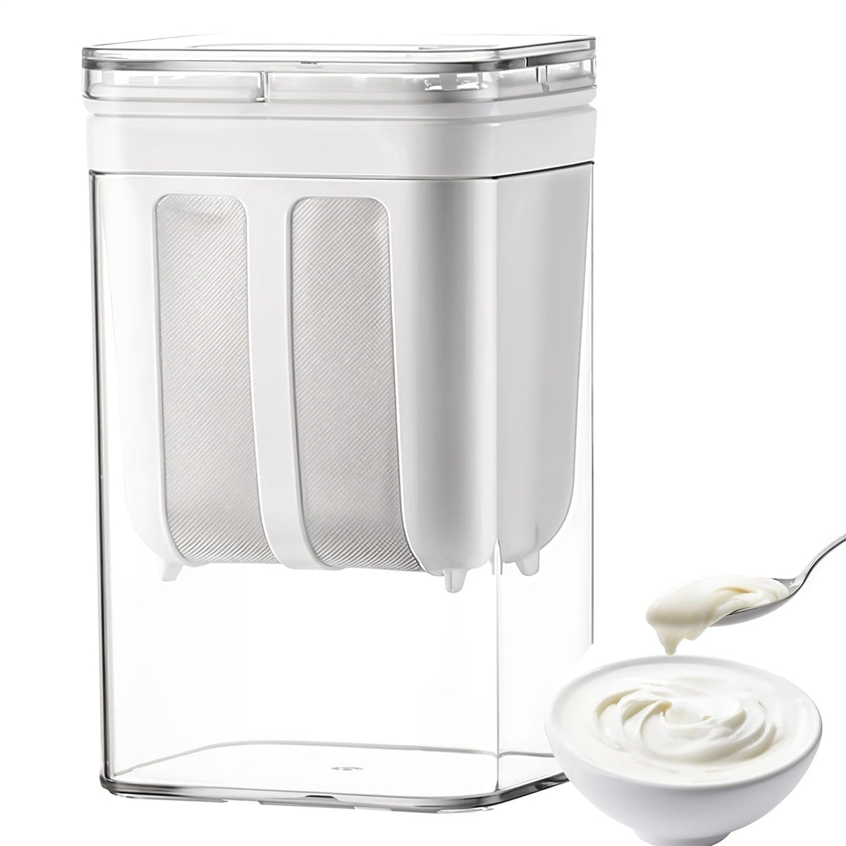 1100ml yogurt maker strainer with creamy Greek yogurt in bowl and spoon
