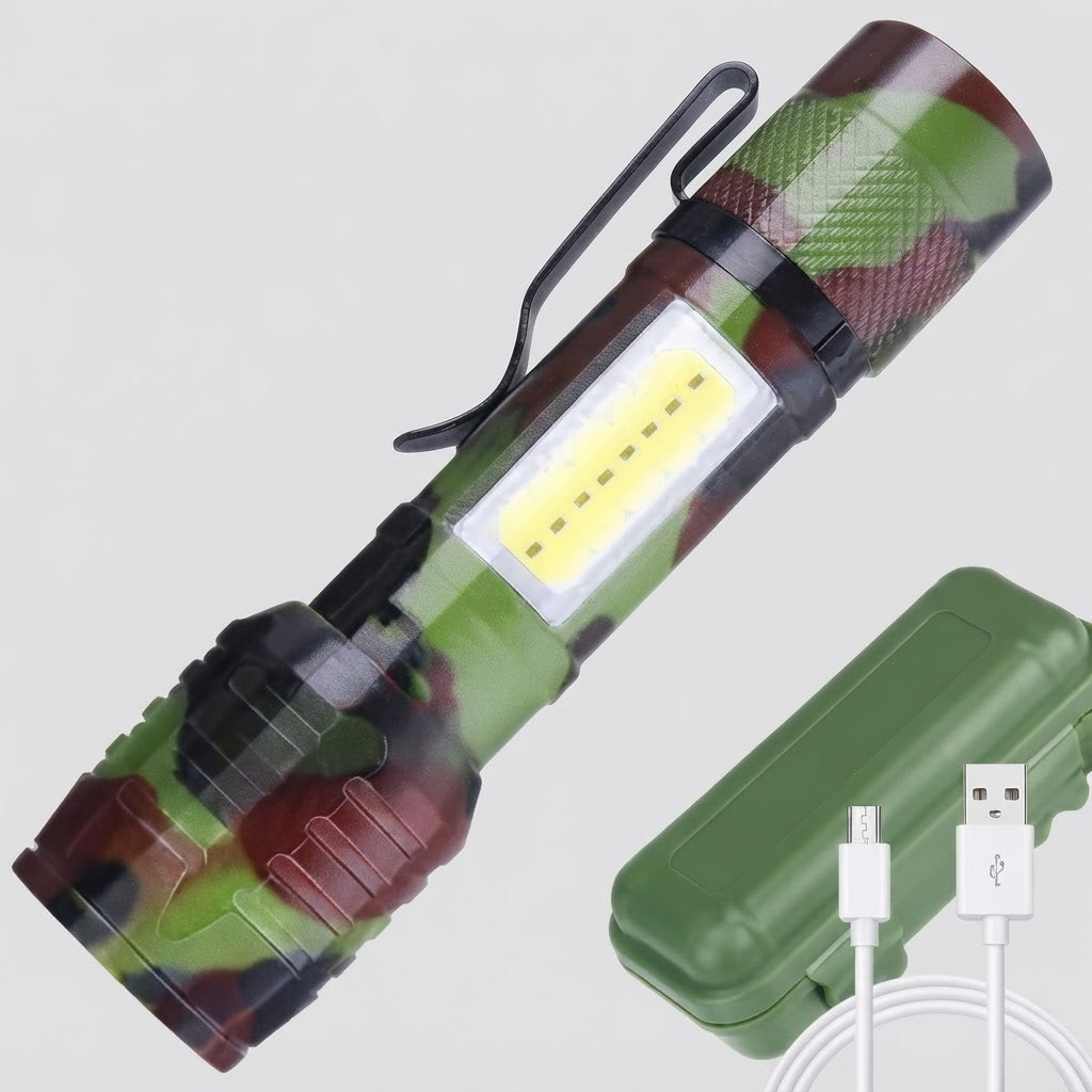Camo zoomable flashlight with side COB panel, pocket clip, green case and USB cable