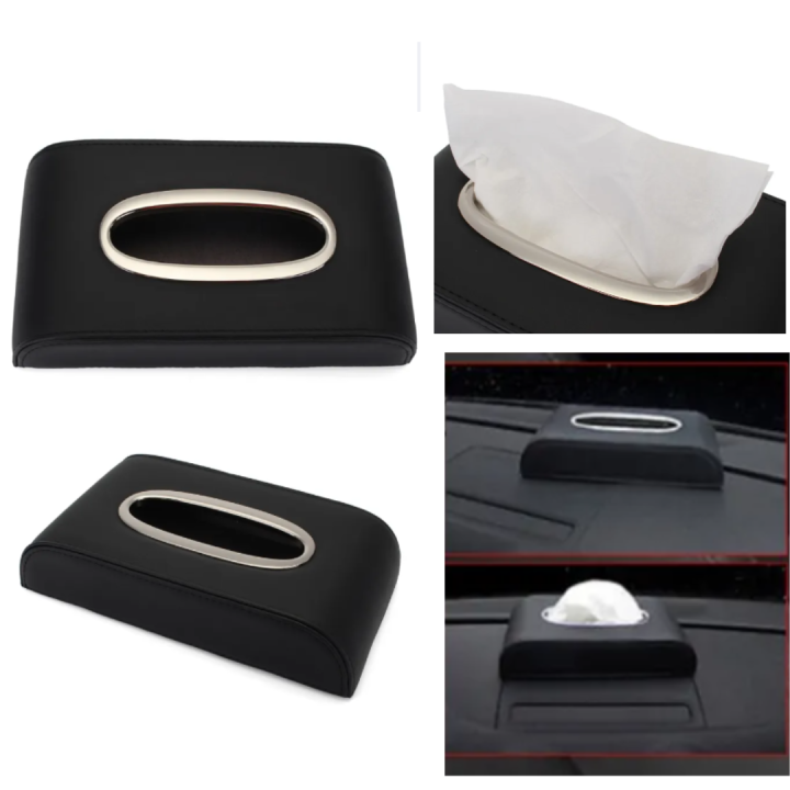Car tissue box cover in four views — top, angled and dashboard placement shots