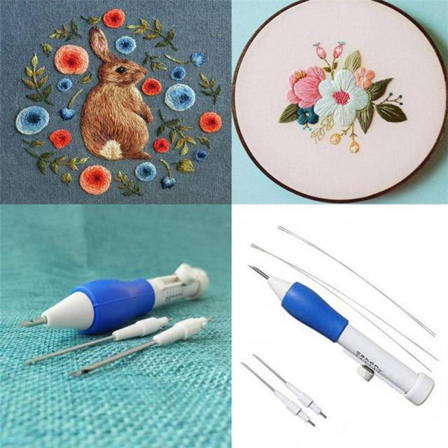 Beginner punch needle kit – blue grip pen with threaders and sample embroidery
