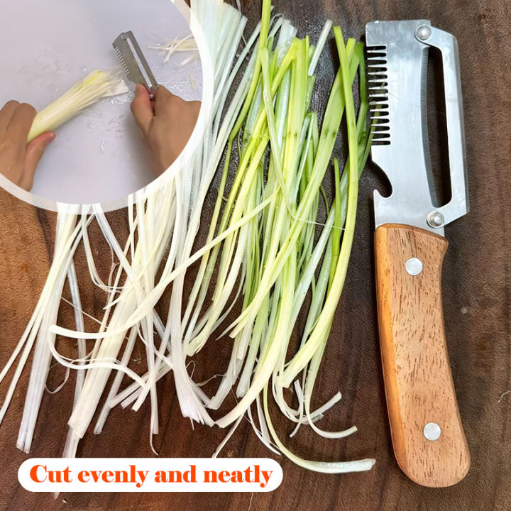 3-in-1 peeler shredding scallions with julienne teeth — even neat shreds for salads and stir-fries