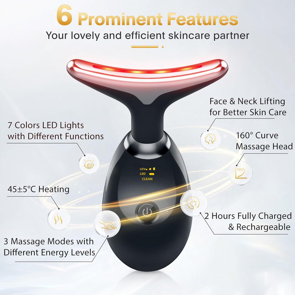 Dolphin LED face massager features: 45-degree heating, 3 massage modes, face and neck lifting, 160-degree curve head