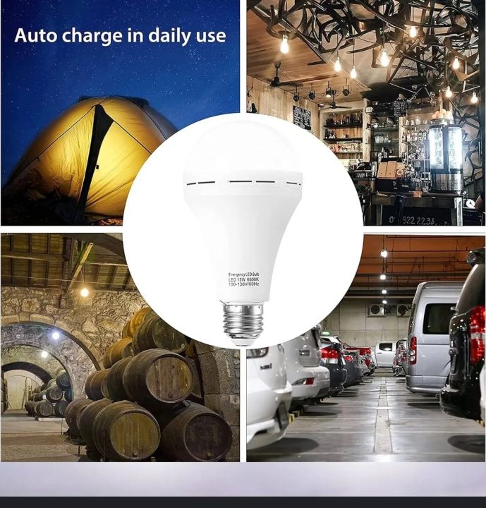Emergency LED bulb that auto-charges in daily use — screw-in E27 rechargeable bulb glowing during a blackout