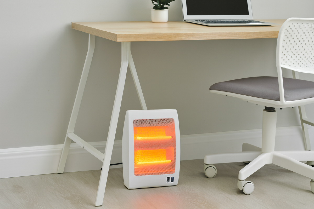 Electric quartz heater under a desk in an office