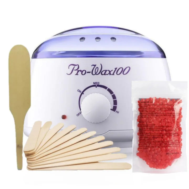 Pro Wax 100 wax heater with wax beans and wooden spatulas