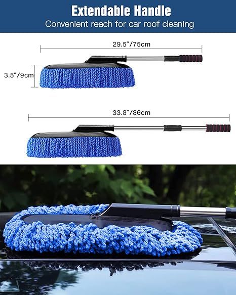 Extendable handle dimensions of the car duster — blue chenille head, handle extends for easy car roof cleaning