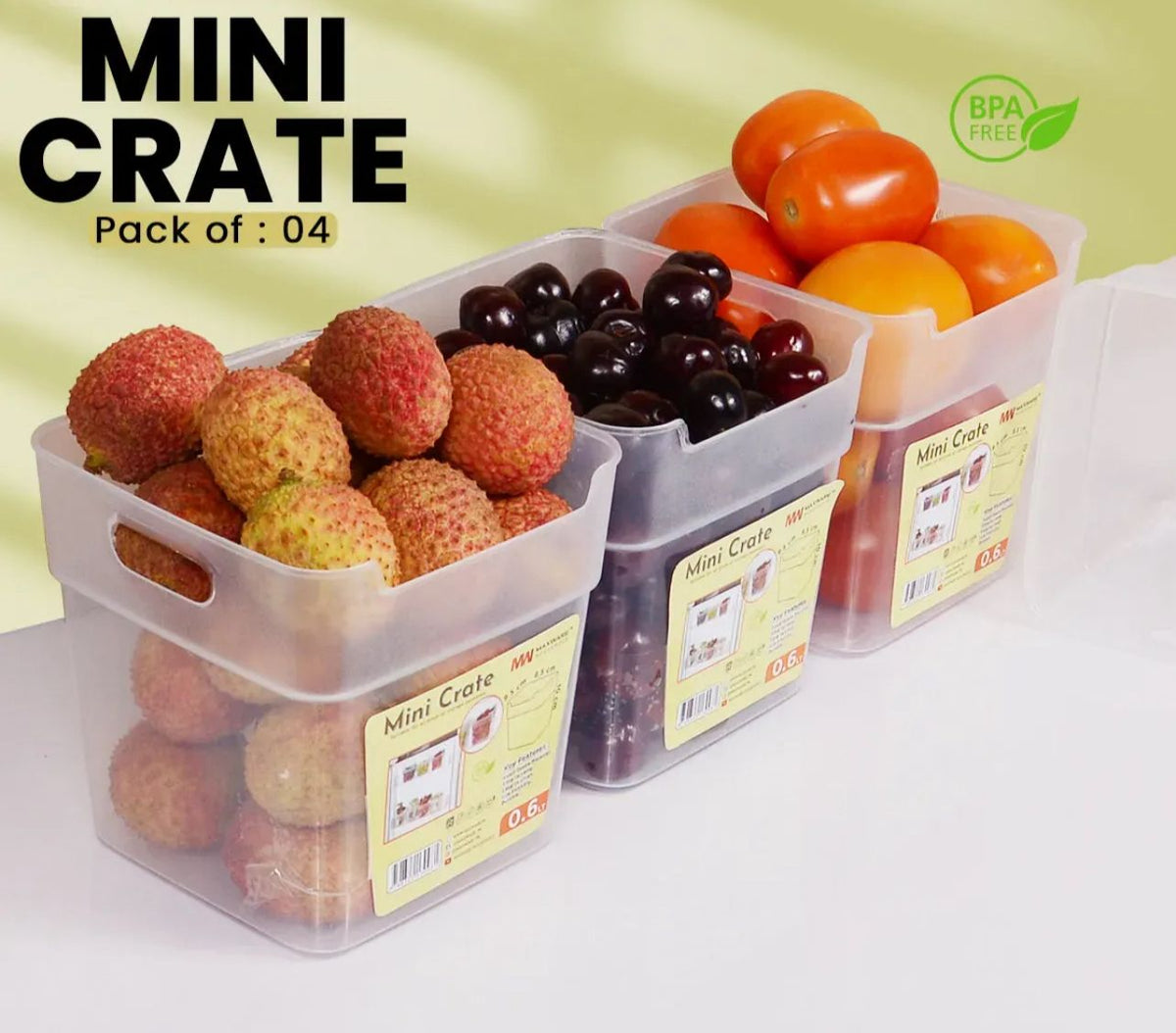 Clear mini storage bins filled with snacks and small containers