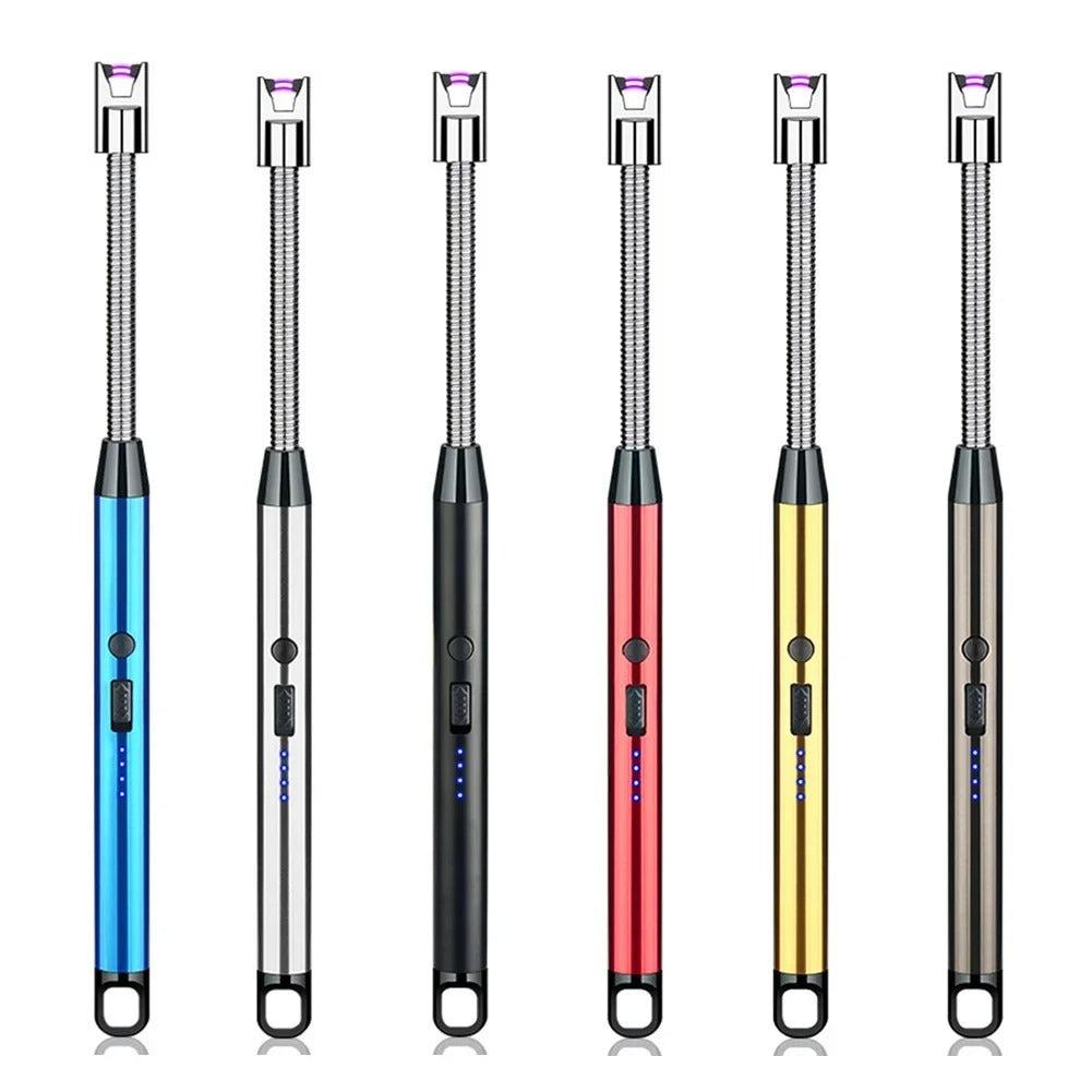 USB arc lighters in six random colours with purple electric arc tips and LED battery indicators