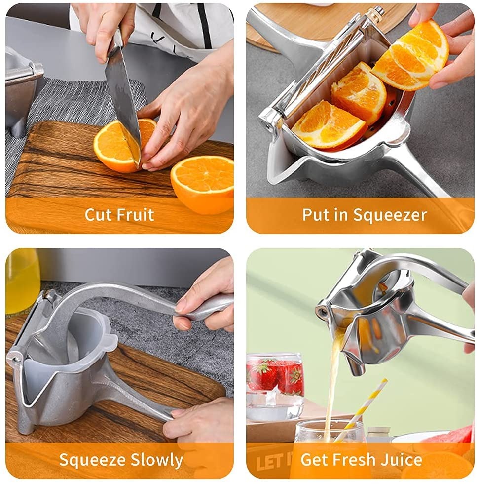 Manual citrus juicer press, two-handle handheld squeezer for lemons and oranges