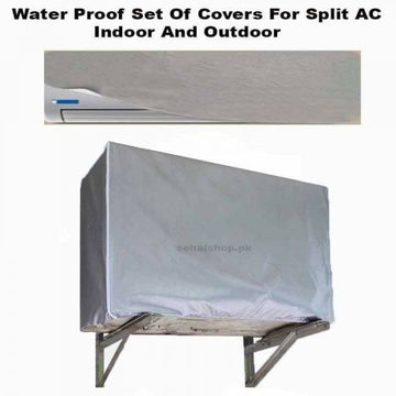 Silver waterproof AC dust cover set on a split AC — indoor wall-unit cover and outdoor compressor unit cover