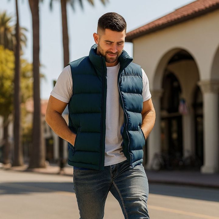 Men's quilted puffer vest — navy sleeveless winter gilet with front zip