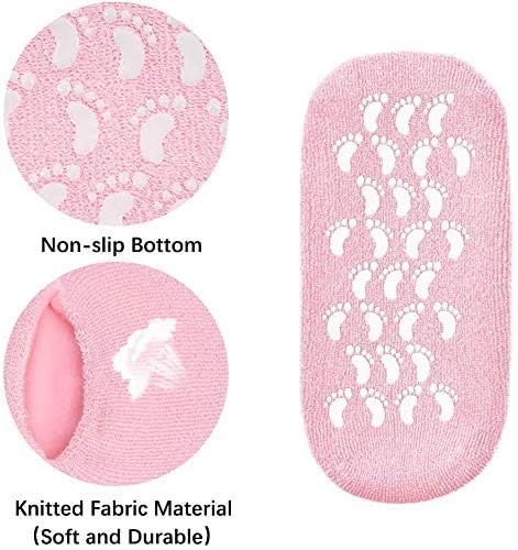 Close-up details of pink silicone gel spa socks — non-slip footprint bottom and soft knitted fabric material