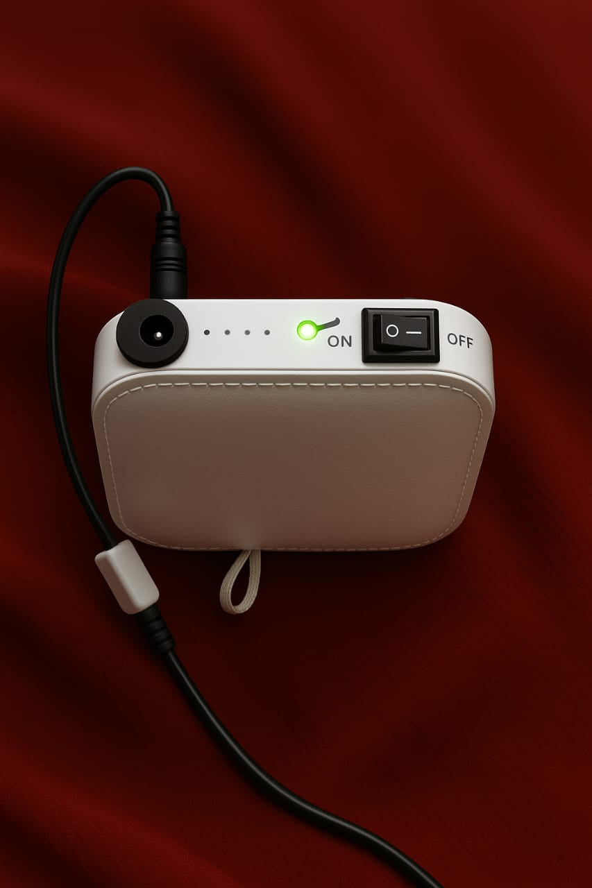 White variant of the router mini UPS showing the DC output port and indicator lights