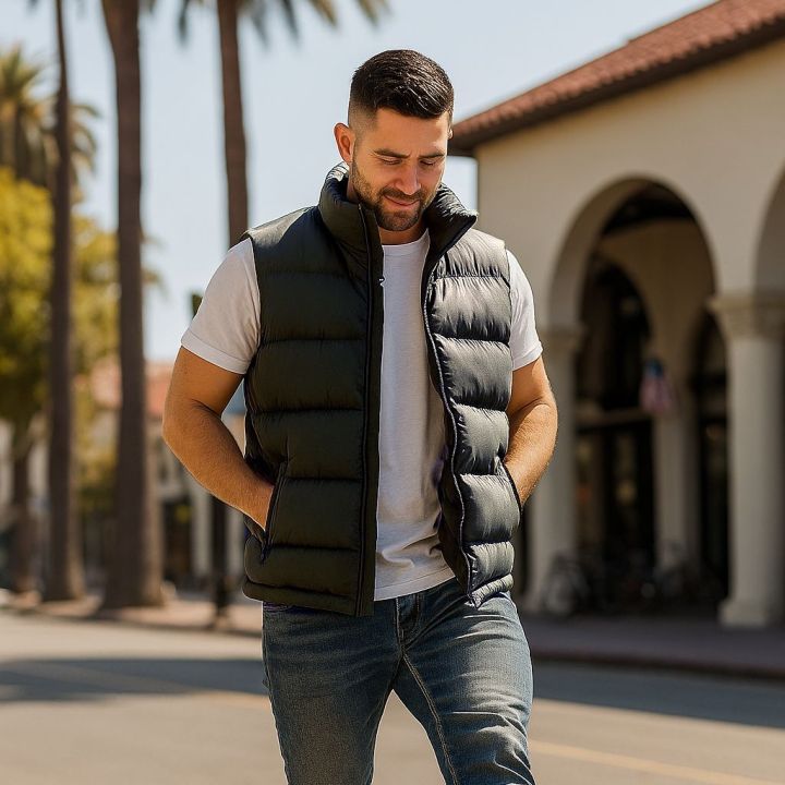 Black sleeveless puffer vest — quilted winter gilet with horizontal baffles